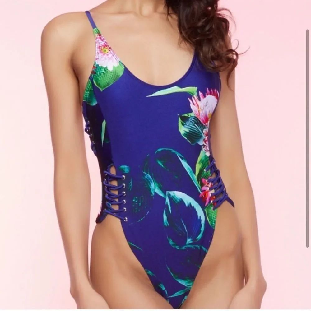 Tinibikini Tropical Shimmery Print One Piece Swimsuit Navy Blue